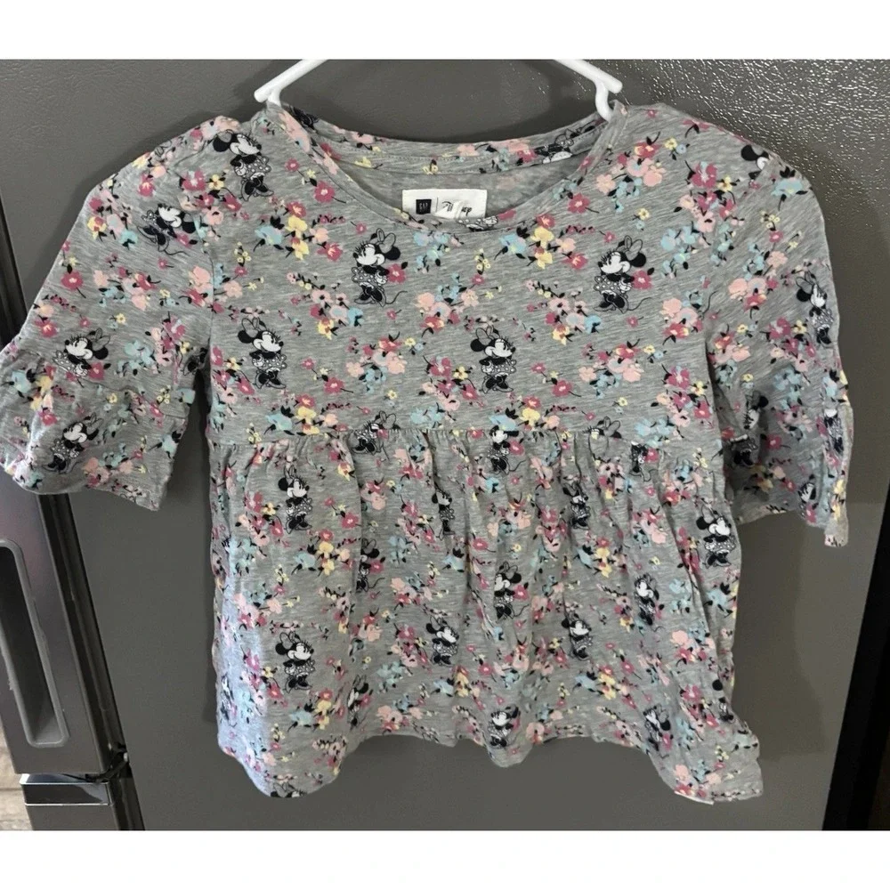 Gap Kids Disney Minnie Mouse Floral Peplum Top Girls Size 10 Shirt Gray Floral‎